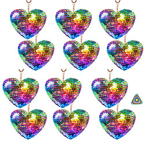 Easter Baskets Party Favors 12 Pack and 1 Triangle Eraser Valentines Day Heart Sequin Key Chain Flip Sequins Key Ring Charm Stocking Stuffers Prizes 